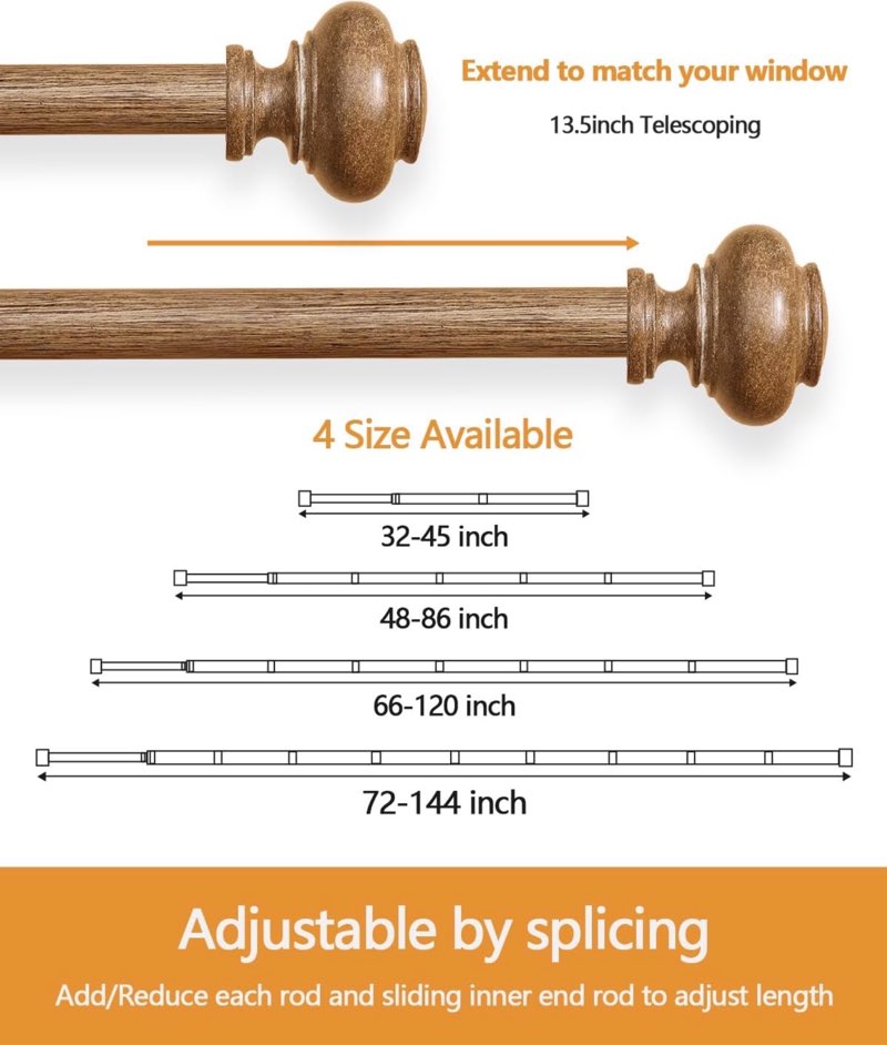 wood curtain rods for windows 48 to 88 inch 2 pack, 1 inch heavy duty boho curtain rods adjustable drapery rod decorative window rod for farmhouse kitchen bedroom living room wood grain 48-84\"(2 pack)
