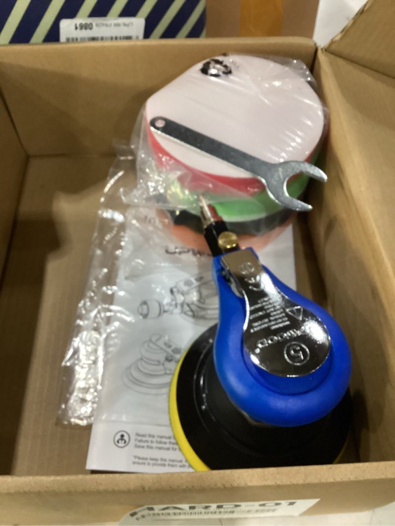 Condition photo showing Good Condition for 5 inch air random orbital sander for auto body work, pneumatic palm sander with 10 polishing sponge & wool pads, 10 sandpapers (5 inch kit)