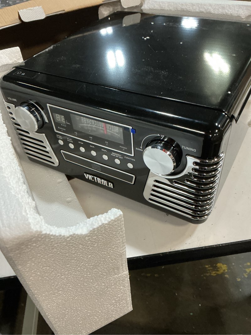 Condition photo showing Good Condition for victrola haley retro bluetooth record player & multimedia center with built-in speakers - 3-speed turntable, cd player, am/fm radio, 3.5mm aux-in, wireless music streaming, black black record player