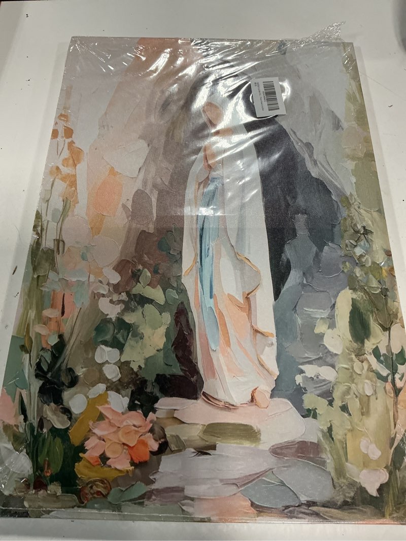 Condition photo showing New/Like New for neutral-toned rendering of our lady of lourdes in the grotto 16”x24” 
