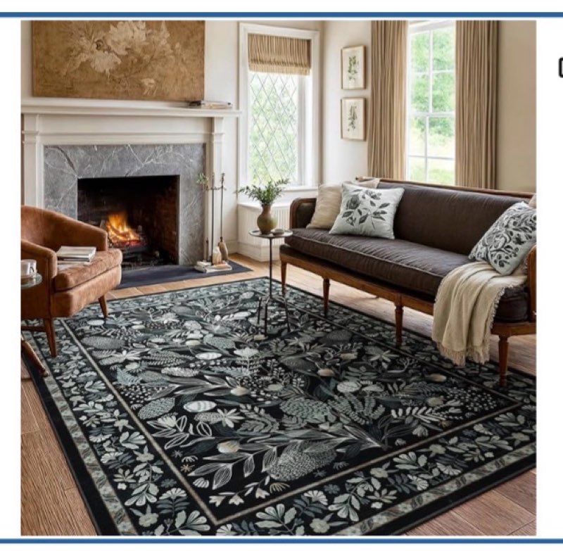 Anidaroel Black Botanical Floral 8x10 Rugs for Living Room, Washable Large Area Rugs for Bedroom Non-Slip Soft Modern Rugs, Ultra-Thin Indoor Throw Carpet Mat for Dining Room Nursery Office