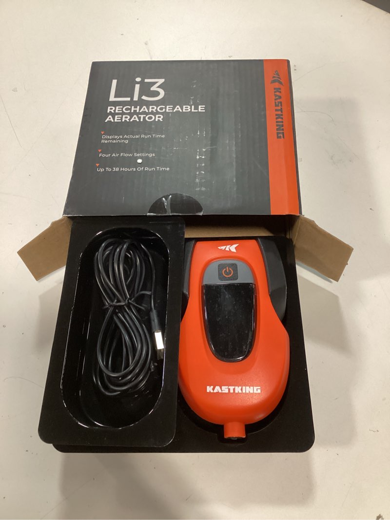 Condition photo showing As Is for KastKing Li3 Rechargeable Live Bait Aerator, Lithium-Ion Battery, LCD Runtime Display, Large Aeration Stone, Aerator for Fish and Bait Buckets
