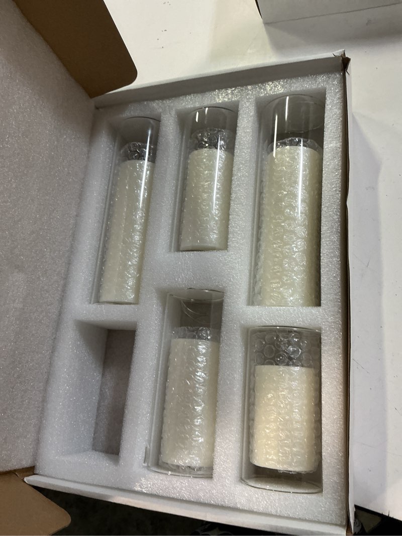 Condition photo showing As Is for set of 6 white pillar candles with clear glass hurricane holders- elegant cylinder candle vases for weddings, parties, centerpieces, home & office decor (white, 6 set) white 6 set