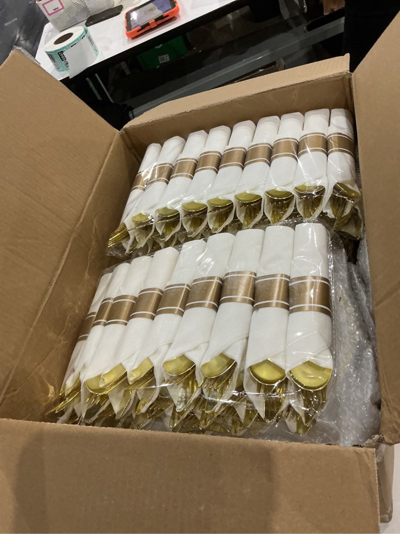 Condition photo showing Good Condition for bestvip 525pcs gold plastic dinnerware set for 75 guests, disposable plates for party, include: 150 plastic plates, 75 pre rolled napkins with gold silverware, 75 cups for christmas, halloween 75 guests gold