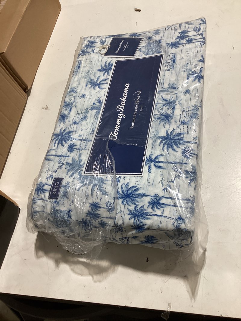 Condition photo showing Good Condition for tommy bahama - king sheets, super soft cotton percale bedding set with matching pillowcases, crisp & cool, coastal room essentials (surfside blue, king) surfside king