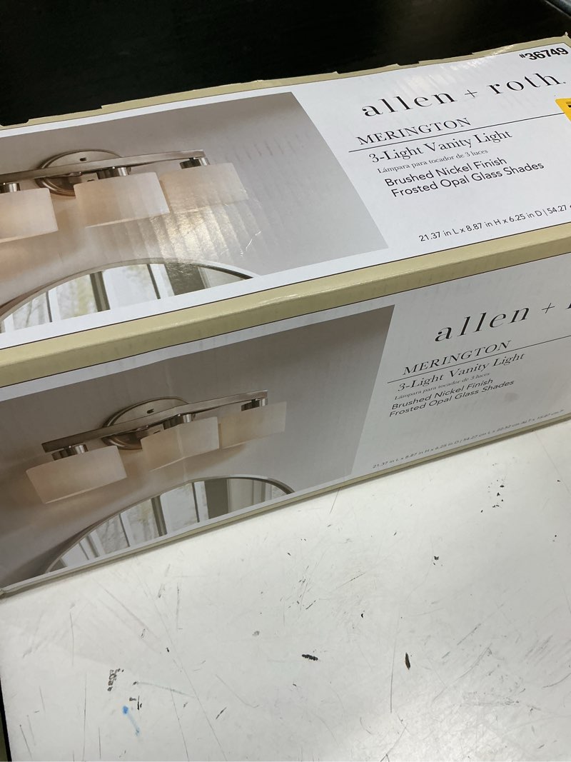 Condition photo showing Good Condition for allen + roth merington 21.5-in 3-light brushed nickel transitional vanity light