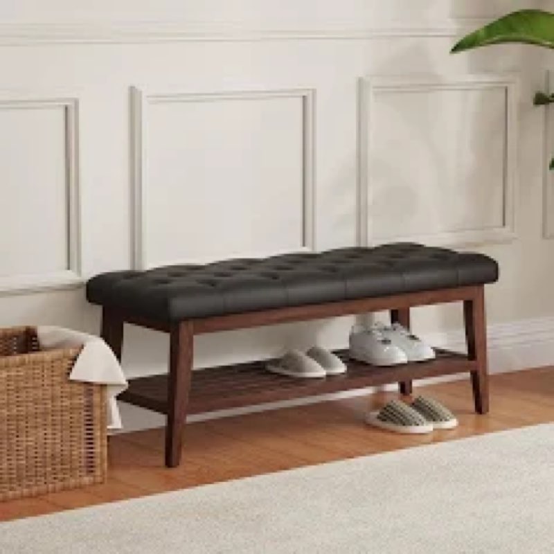 leilisi entryway shoe bench with storage, end of bed bench, microfiber leather upholstered button-tu