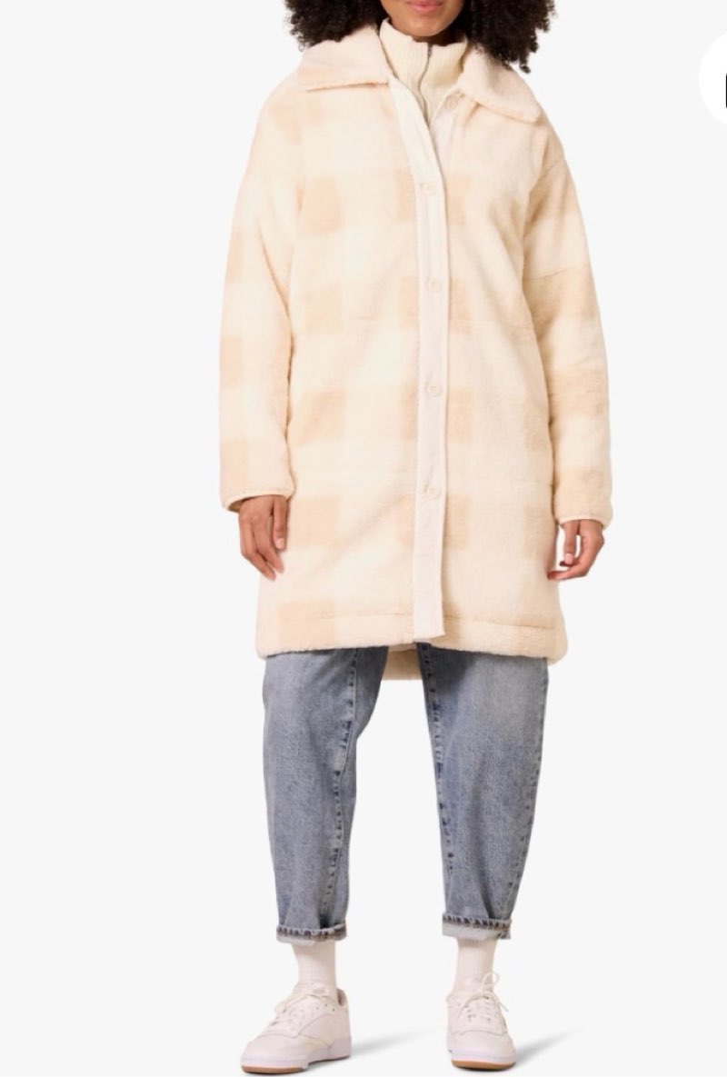 Goodthreads Women's Oversized Teddy Sherpa Coat, Ivory/Beige, Buffalo Plaid, Small