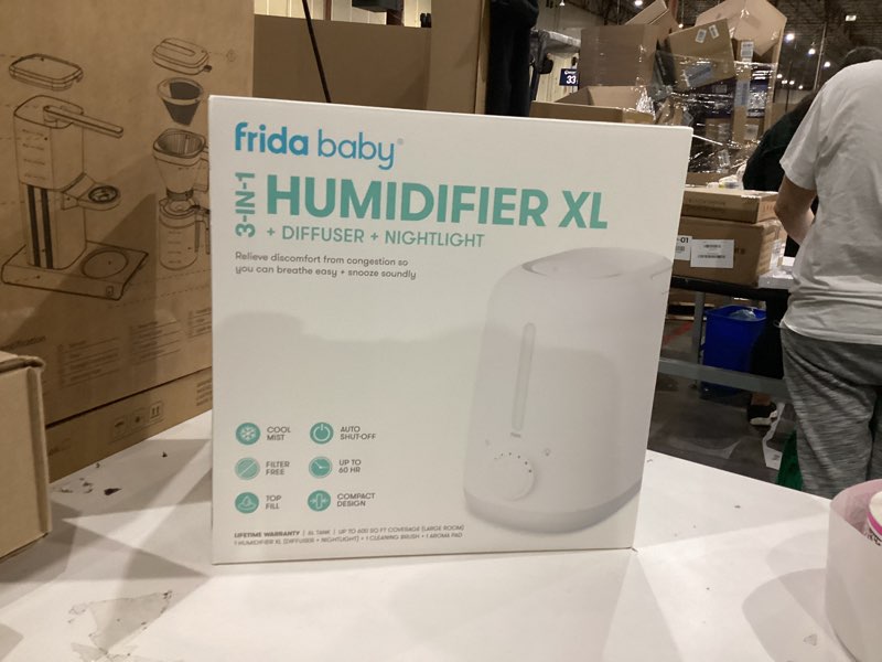 Condition photo showing item condition for Frida Baby 3-in-1 XL Top Fill Humidifier for Bedroom, Cold & Flu Relief, 6L Tank Cool Mist Humidifier + Diffuser for Large Rooms, Mold Resistant, Nightlight, Auto-Off, Quiet, Essential Oil Diffuser 1.6 Gallon Tank