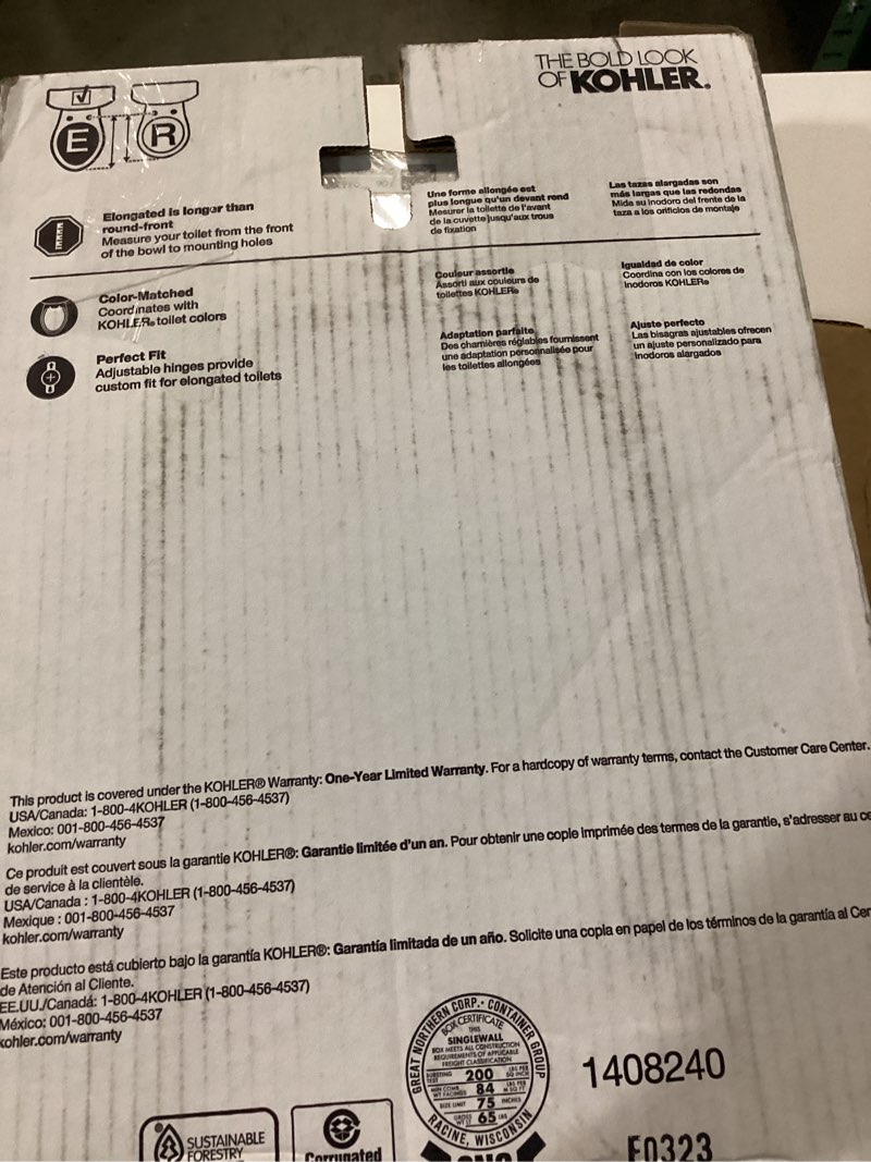 Condition photo showing New/Like New for kohler 4636-rl-47 cachet readylatch elongated toilet seat slow close, soft close toilet seat quiet lid, contoured grip-tight bumpers installation hardware, apartment essentials. almond almond elongated ready latch