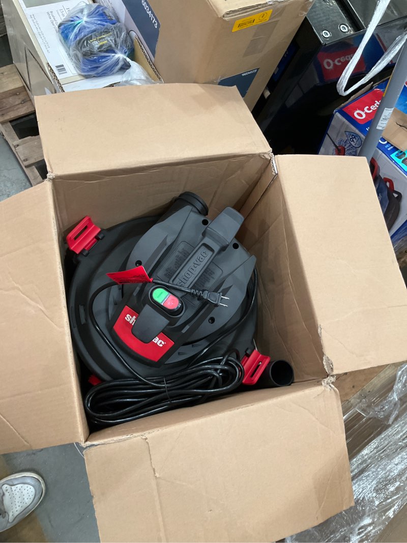 Condition photo showing As Is for incomplete, shop-vac 10-gallon 5.5 hp corded wet/dry shop vacuum with accessories included