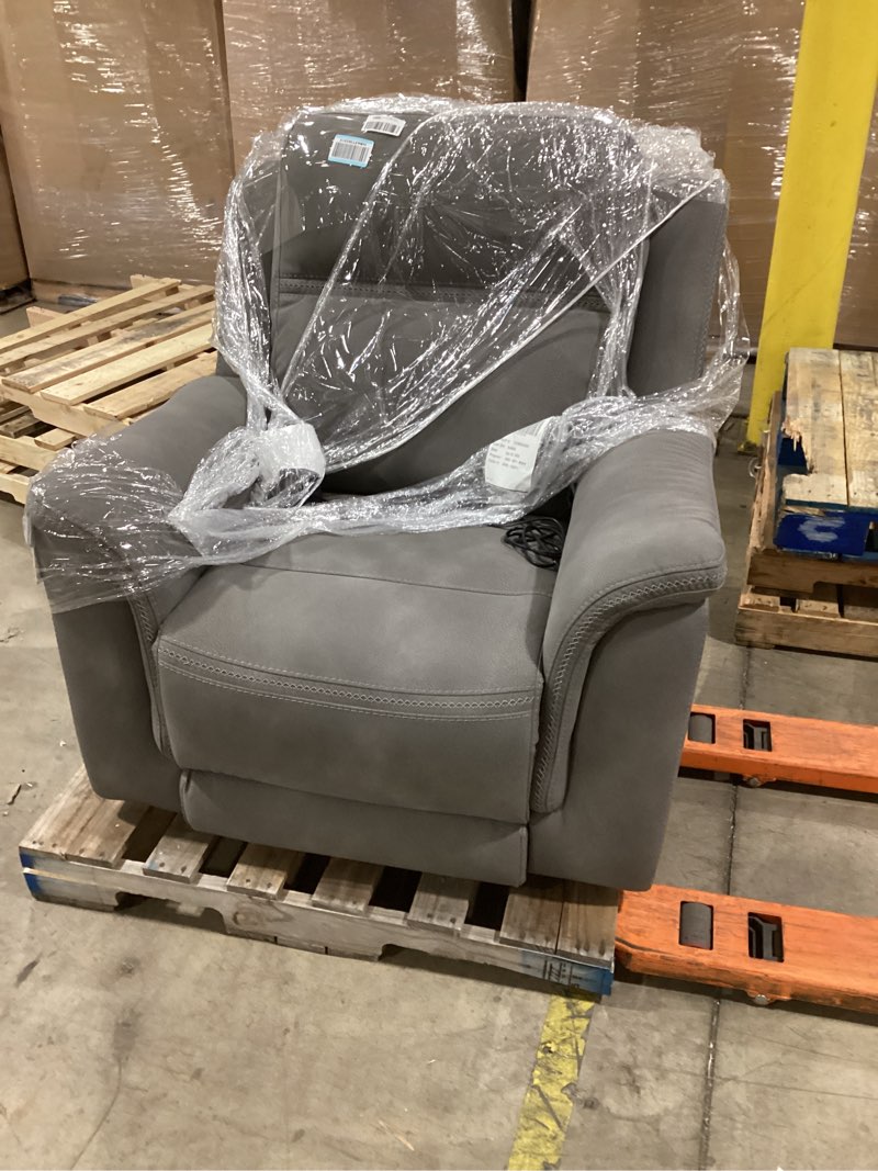Condition photo showing Good Condition for faulty button still reclines signature design by ashley contemporary next-gen durapella power recliner with adjustable headrest, one-touch control, water repellent faux leather, gray grey recliner