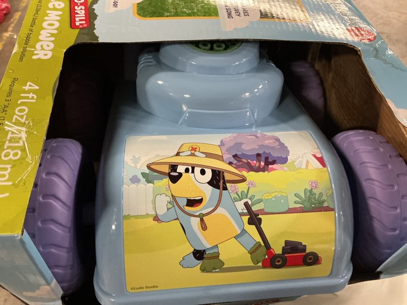 Condition photo showing Good Condition for little kids inc. bluey no spill bubble mower. ages 3+