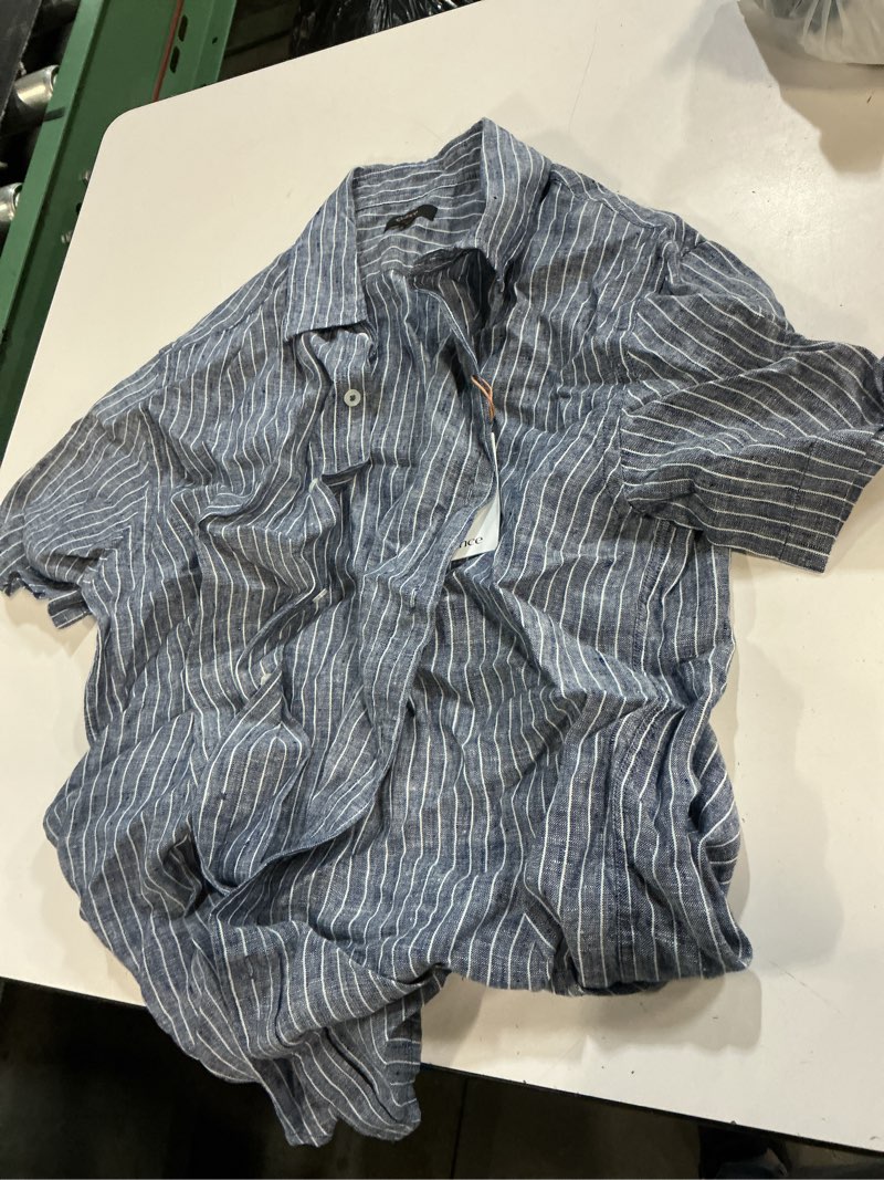 Condition photo showing Good Condition for quince 100% european linen relaxed short sleeve shirt, m, chambray stripe
