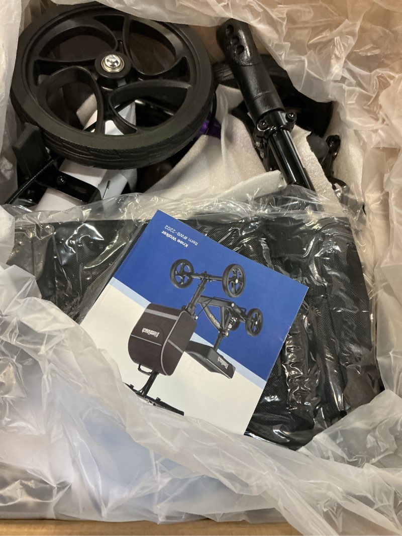 Condition photo showing Good Condition for steerable knee walker deluxe medical scooter for foot injuries compact crutches, with dual rear on-wheel brake and shock absorption under the knee pad?purple?