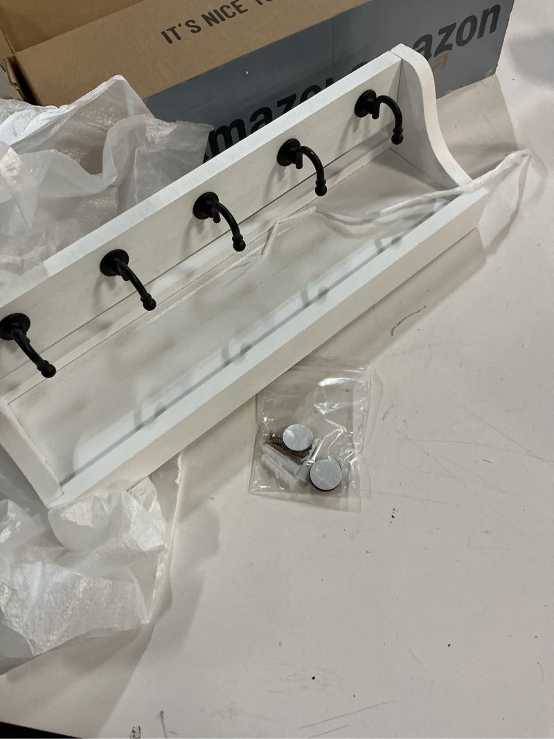 Condition photo showing Good Condition for Rebee Vision Key and Mail Holder for Wall with Floating Shelf : Decorative Hanging Organizer with 5 Sturdy Keys Hooks and Wall Mount Key Rack - Farmhouse Entryway Décor (Modern White) A-White