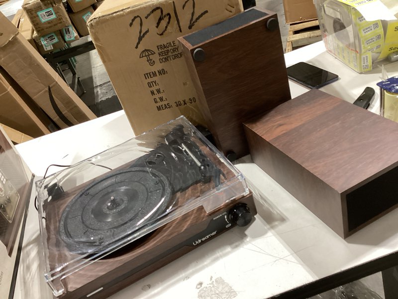 Condition photo showing As Is for Vinyl Record Player with Speakers,Bluetooth Portable Turntable for Vinyl Records,Phonograph LP Player with 3 Speed USB RCA in Vintage Brown