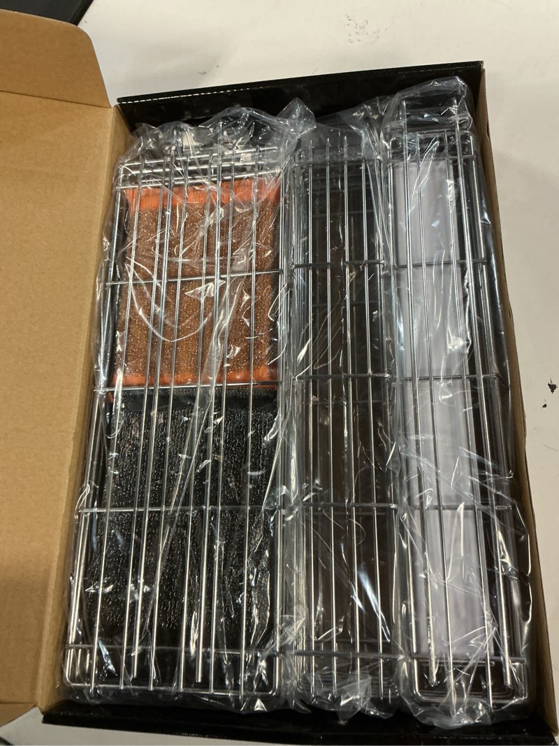 Condition photo showing New/Like New for Large Kabob Grilling Basket with Removable Handle. Stainless Steel construction with a Larger Capacity (12 x 2 x 2) and secure easy latch lid. (3-Piece Set – Bag & Sponges Included)