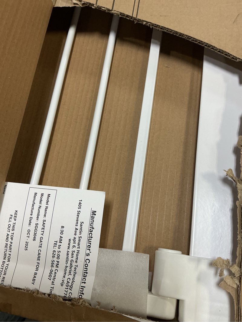 Condition photo showing As Is for keny 29.7"-46" Baby Gate for Stairs, Auto Close Dog Gates for Doorways, Pressured Mounted No Drilling Pet Gate Extra Wide, Easy Walk Thru Stair Gate, 30" Tall, White White 29.7-46"Wide,30"Tall
