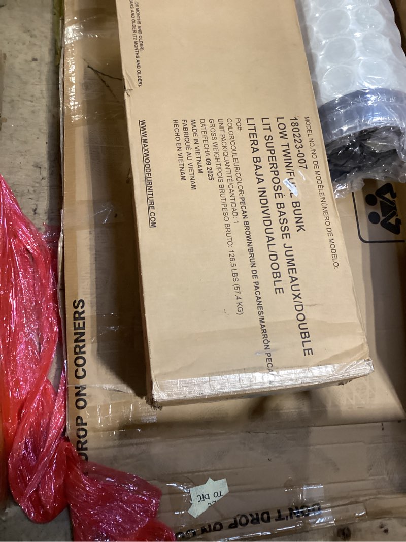 Condition photo showing As Is for Twin Over Full Low Bunk with Angled Ladder on End, Pecan Twin/Full Floor Bunk Pecan