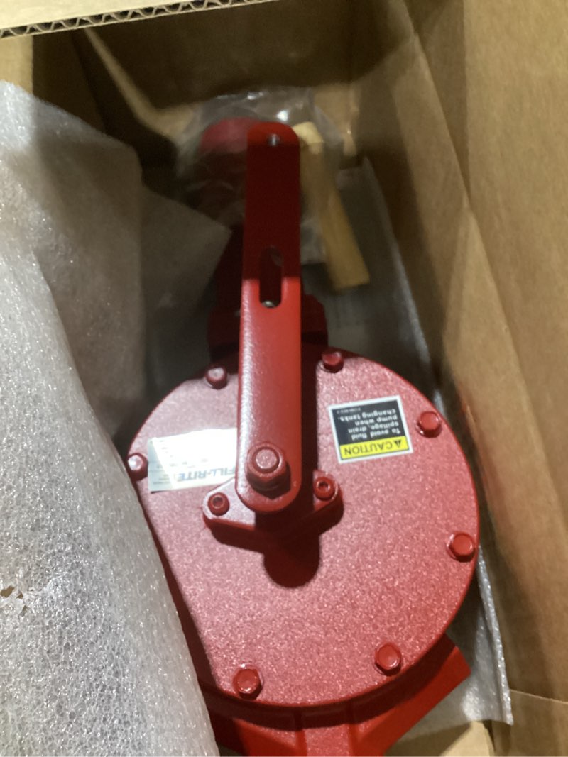 Condition photo showing New/Like New for Fill-Rite FR112 Fuel Transfer Rotary Hand Pump with Suction Pipe and Discharge Hose for Agriculture, Construction, or Automotive, Red Rotary Pump w/Accessories