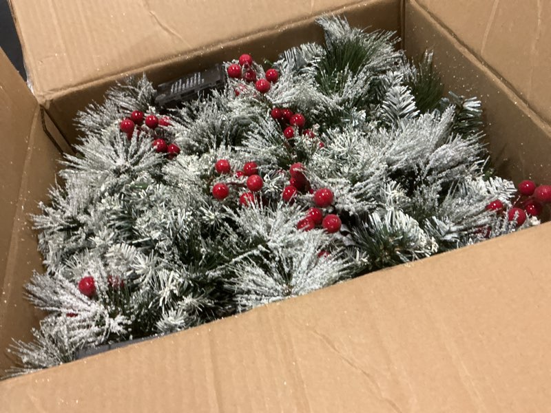 Condition photo showing New/Like New for 9ft christmas garland with light,pre-lit realistic pine cones/berries&multicolor led lights(with remote control), christmas garland for mantle fireplace stairs front door, outdoor xmas decor 9ft snow