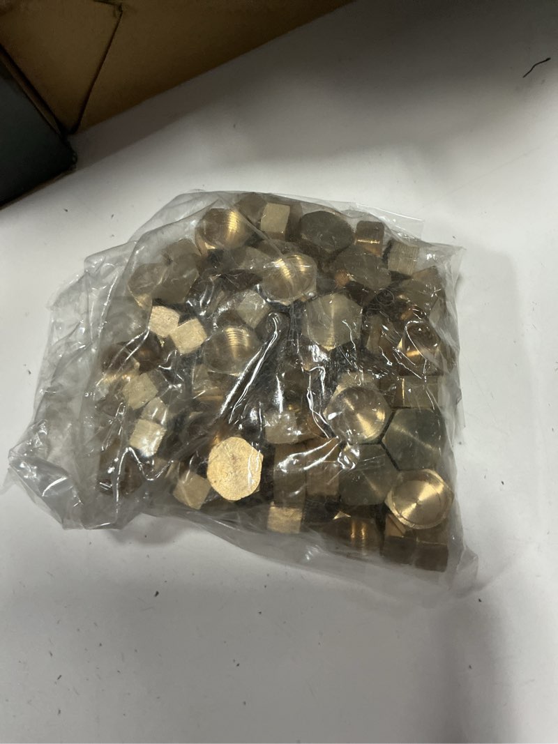 Condition photo showing As Is for eorbow 100 pack brass compression cap, stop value caps, drain pipe fittings for hose connector nozzle joints outdoor garden water air line