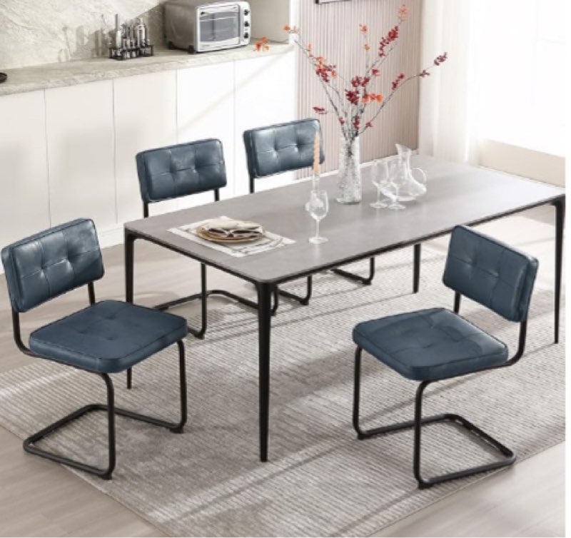Dark blue leather dining chair with black metal legs