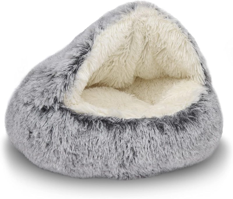 shinhye cat bed round plush fluffy hooded cat bed cave, cozy for indoor cats or small dog beds, soothing pet beds doughnut calm anti-nxiety dog bed - waterproof bottom washable (20×20inch, grey)