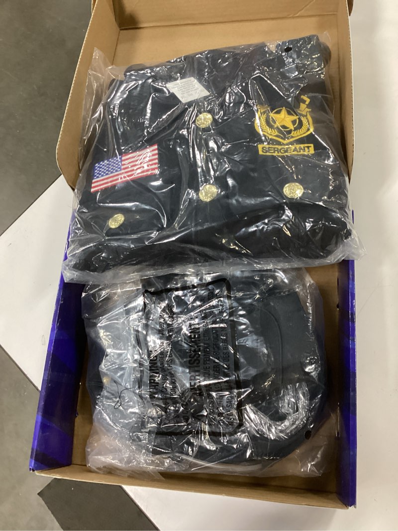 Condition photo showing New/Like New for Kangaroo Police Costume for Kids – 12 Pc Black Cop Outfit with Hat, Badge, Handcuffs, Holster & More Small 4-6