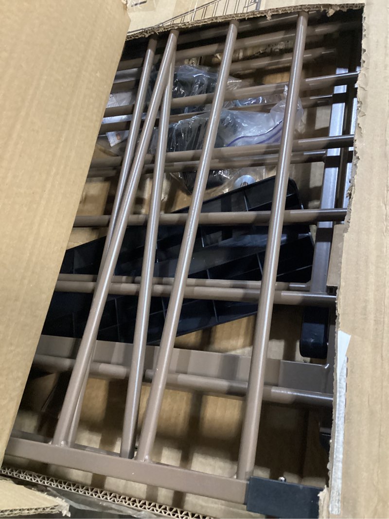 Condition photo showing As Is for 78" extra wide baby gate, dog gates indoor for doorways stairs, essential safety gate for child, hardware mounted adjustable pet gate with anti-trip pedal, 28'' tall 3 metal panels brown brown 78" wide