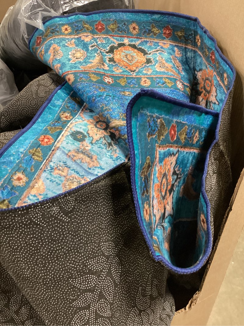 Condition photo showing As Is for yj.gwl large area rug for living room, 5x7 machine washable boho rug for bedroom, low pile lightweight thin rugs floral vintage distress print pattern carpet for dining room, blue/multi blue/multi 5' x 7' (rectangular)