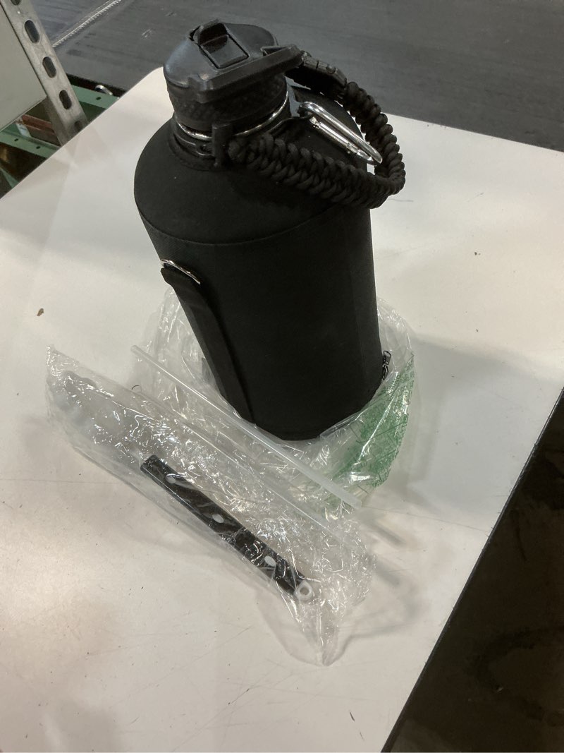 Condition photo showing Good Condition for one-gallon stainless steel water bottle and 64-ounce insulated water bottle with parachute handle, straw lid and spout, 128-ounce water jug ??with sleeve and boot, keeps drinks cold
