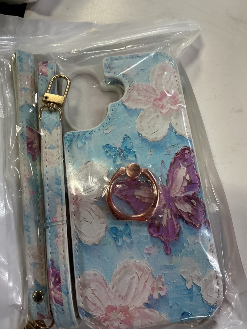 Condition photo showing New/Like New for Crossbody Wallet Case for iPhone 16 with Card Holder, Cute 3D Oil Painting Floral Butterfly Pattern Crossbody Case with [Screen Protector+Camera Lens Protector] Ring Stand&Lanyard Cover,White for iPhone 16 White