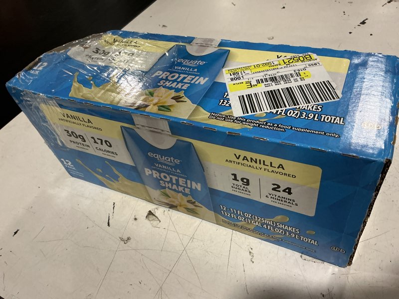 Condition photo showing As Is for (exp: 07/12/2027) equate high performance protein shake  vanilla  11 fl oz  12 ct