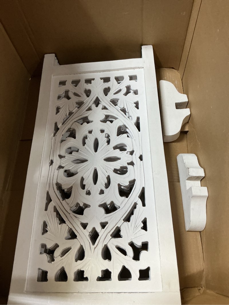 Condition photo showing Good Condition for Free Standing Dog Gate – 4 Panel Foldable Wooden pet gate Indoor 56" W x 28" H, Hand-Carved Solid Wood & MDF, Portable Indoor Gate for Doorways, Halls, Stairs – Fully Assembled, White Finish White 56"x28" Lily 4 Panels