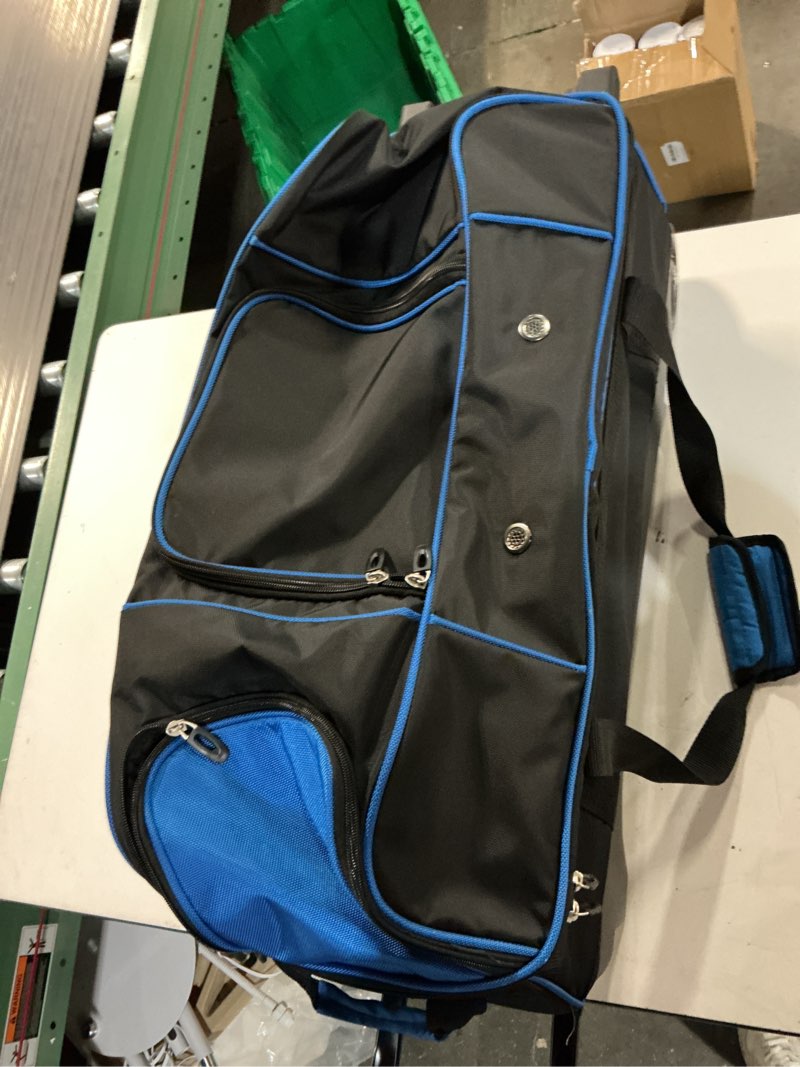 Condition photo showing As Is for 3 ball bowling bags with wheels & shoe pocket, premium bowling ball bag 3 ball roller, effortless-rolling 3 ball bowling bag w/multi-storage pockets & telescopic handle extends to 40'' blue