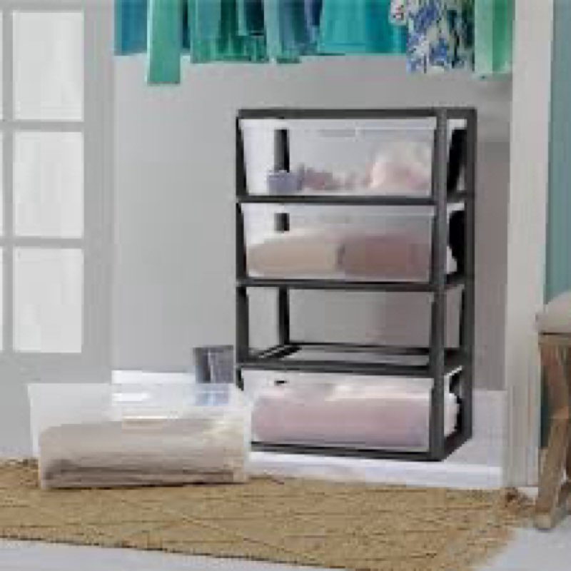 sterilite wide 4 drawer tower, plastic storage organizer with removable clear bins, easy to assemble - no tools needed, black