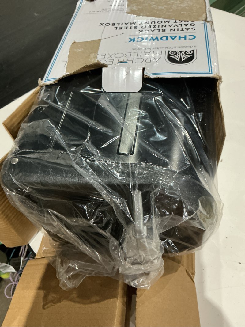 Condition photo showing As Is for architectural mailboxes chadwick galvanized steel post mount mailbox, 8950b-10, black, medium capacity