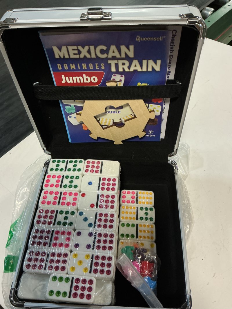 Condition photo showing New/Like New for queensell mexican train dominoes set with jumbo tiles – double 12 dominoes set for adults, 91 tiles with colorful dots, wooden hub, train & aluminum case d12 jumbo