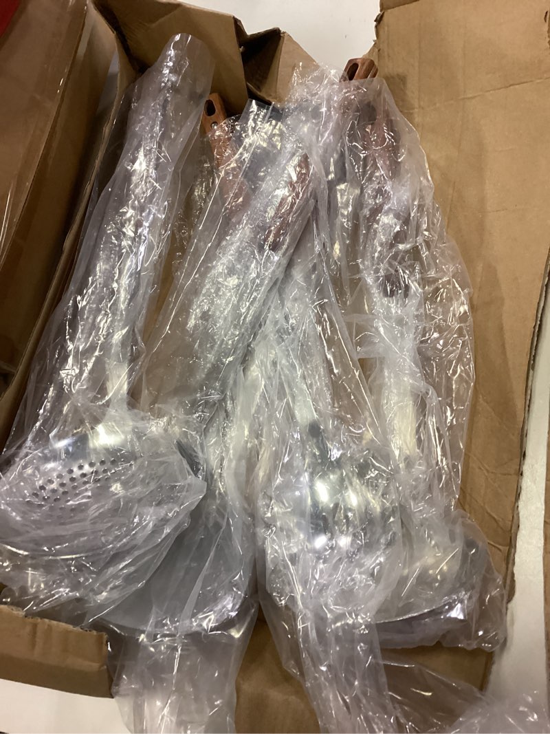 Condition photo showing New/Like New for (Damaged Box) FJNATINH Wok Spatulas and Ladle, Heat Resistant Wooden Handle Wok Utensils, Stainless Steel Cooking Utensils for Serving, Turning, Stirring, (Total 6 Pieces) Wooden Hanle- 