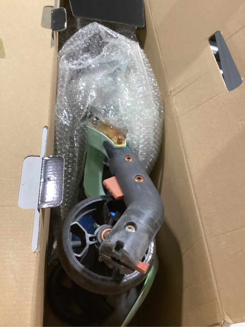 Condition photo showing As Is for skidee kick scooter for kids ages 3-5 | foldable 3 wheel scooter with lean-to-steer, adjustable height, removable seat & led light wheels | toddler scooter up to 12 year old boys/girls green