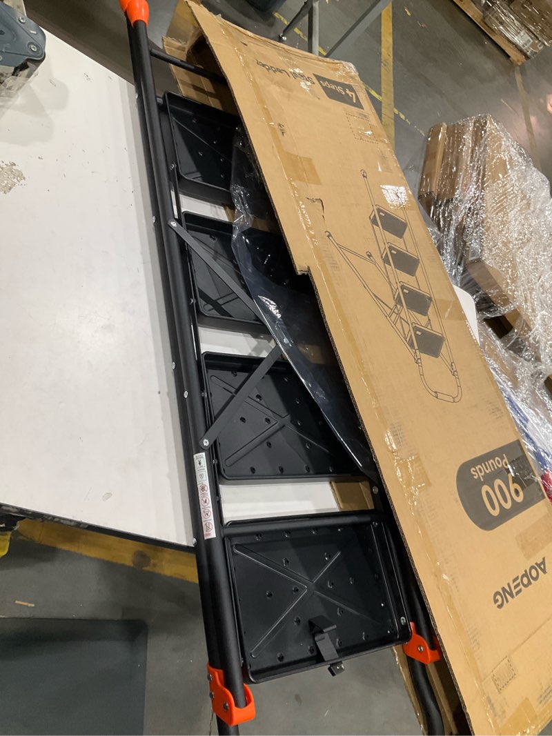 Condition photo showing Good Condition for step ladder, 900lbs capacity heavy duty step stool with safety lock, wide anti-slip pedal, black sturdy step ladder, step ladder 4 step folding with orange cushioned handle for kitchen, home & garage black 4 steps