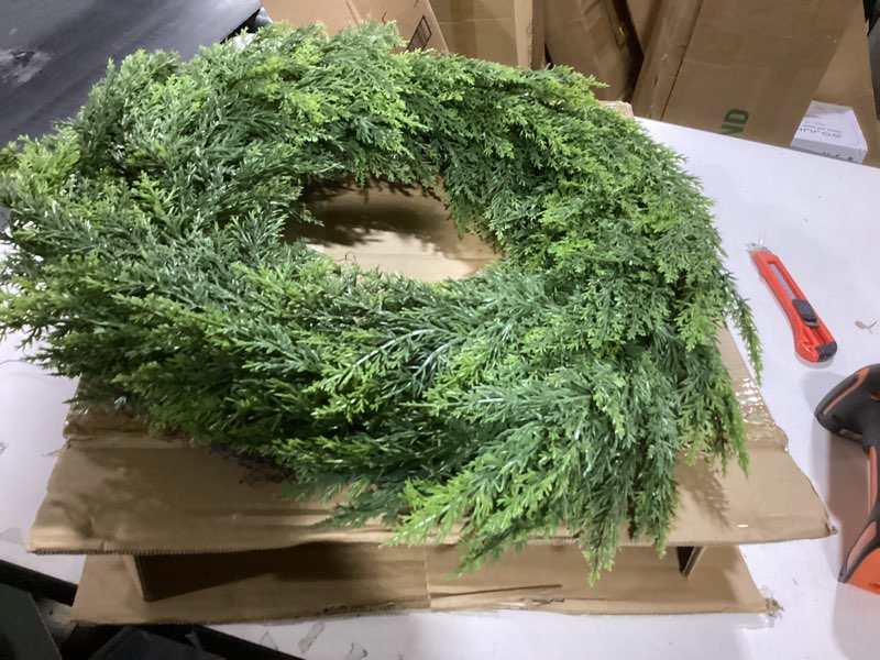 Condition photo showing Good Condition for 26 Inch Christmas Wreath for Front Door, Thickened Realistic Cedar Pine Christmas Wreath Outdoor Indoor, Artificial Winter Wreath for Thanksgiving & Christmas Decor, Christmas Door Decorations