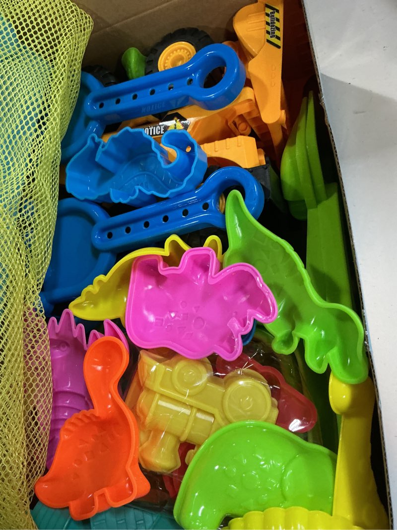 Condition photo showing New/Like New for fhozgecy beach toys, sand toys for kids boys and girls with 2 construction vehicle, 2 collapsible bucket, sand castle building kit, sand molds, mesh bag, outdoor toys for kids ages 4-8 2 bucket 2 vehicle