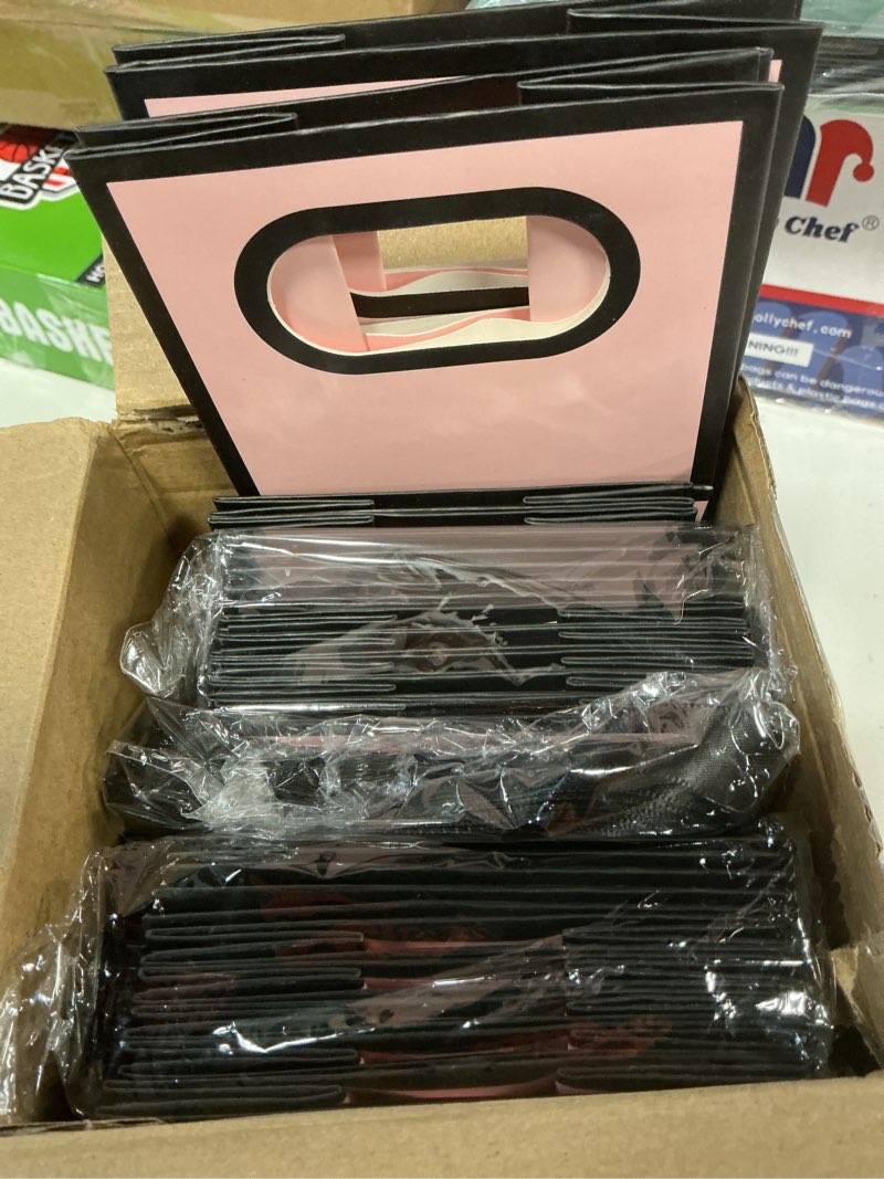 Condition photo showing Good Condition for Kolldenn 24 Pcs Small Gift Bags with Bow 6.3 x 3.9 x 2.8 Inch Thank You Gift Bags Elegant Mini Paper Bag with Handles for Wedding Bridal Birthday Baby Shower Bridesmaid Party Favors(Pink Black) Pink Black 24