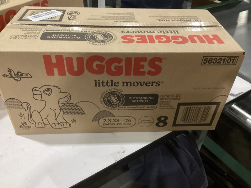 Condition photo showing New/Like New for Huggies Size 8 Diapers, Little Movers Baby Diapers, Size 8 (46+ lbs), 76 Count (2 Packs of 38), Packaging May Vary
