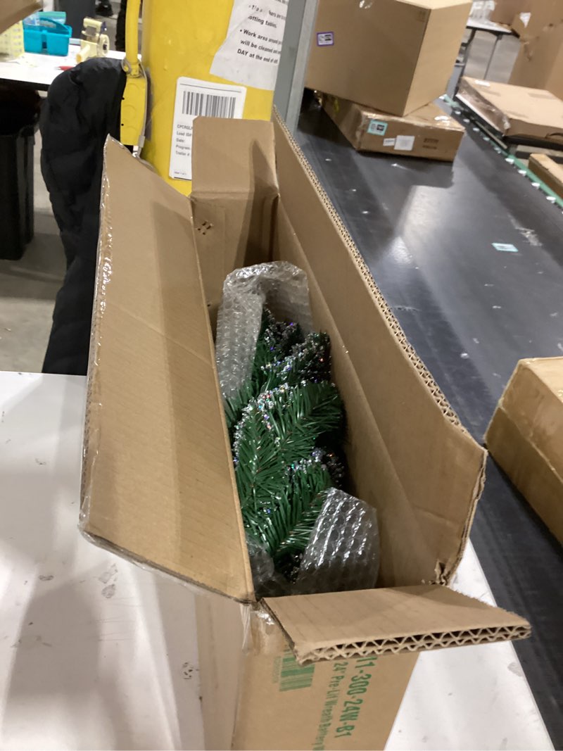 Condition photo showing As Is for National Tree Company Pre-Lit Artificial Christmas Wreath, Green, Glittery Mountain Spruce, White Lights, Decorated with Pine Cones, Berry Clusters, Frosted Branches, Christmas Collection, 24 Inches