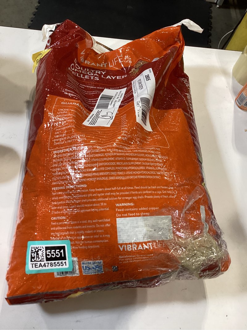 Condition photo showing As Is for vibrant life poultry omega layer pellets  40 lb bag