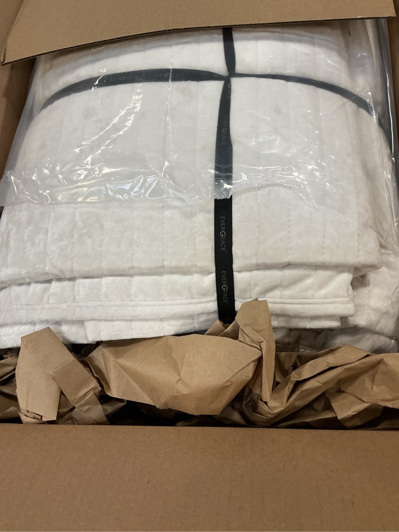 Condition photo showing Good Condition for EVERGRACE Velvet Quilt Set King Size, Luxurious Soft Striped Channel Bedding Set, Lightweight Velvet Comforter for All Season, Oversized Bedspread Coverlet with 2 Matching Shams, Ivory White King (104" x 92") Ivory White